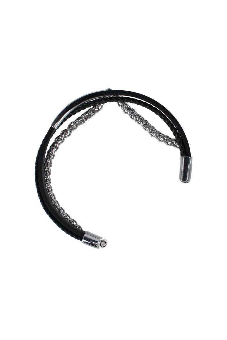 Loose Fit Zaid Metal and Leather Triple Strand Secure Clasp Bracelet, Alternate, color, Black Leather and Silver Metal
