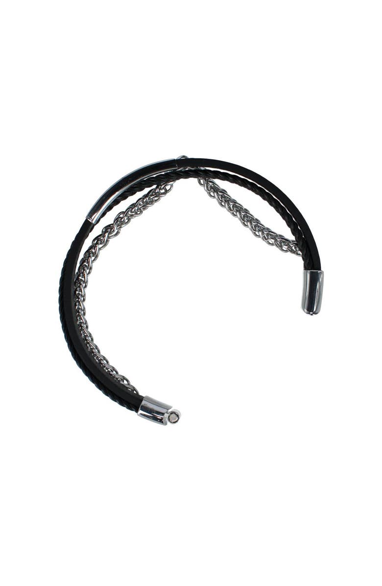 Trafalgar Loose Fit Zaid Metal and Leather Triple Strand Secure Clasp Bracelet, Alternate, color, Black Leather And Silver Metal