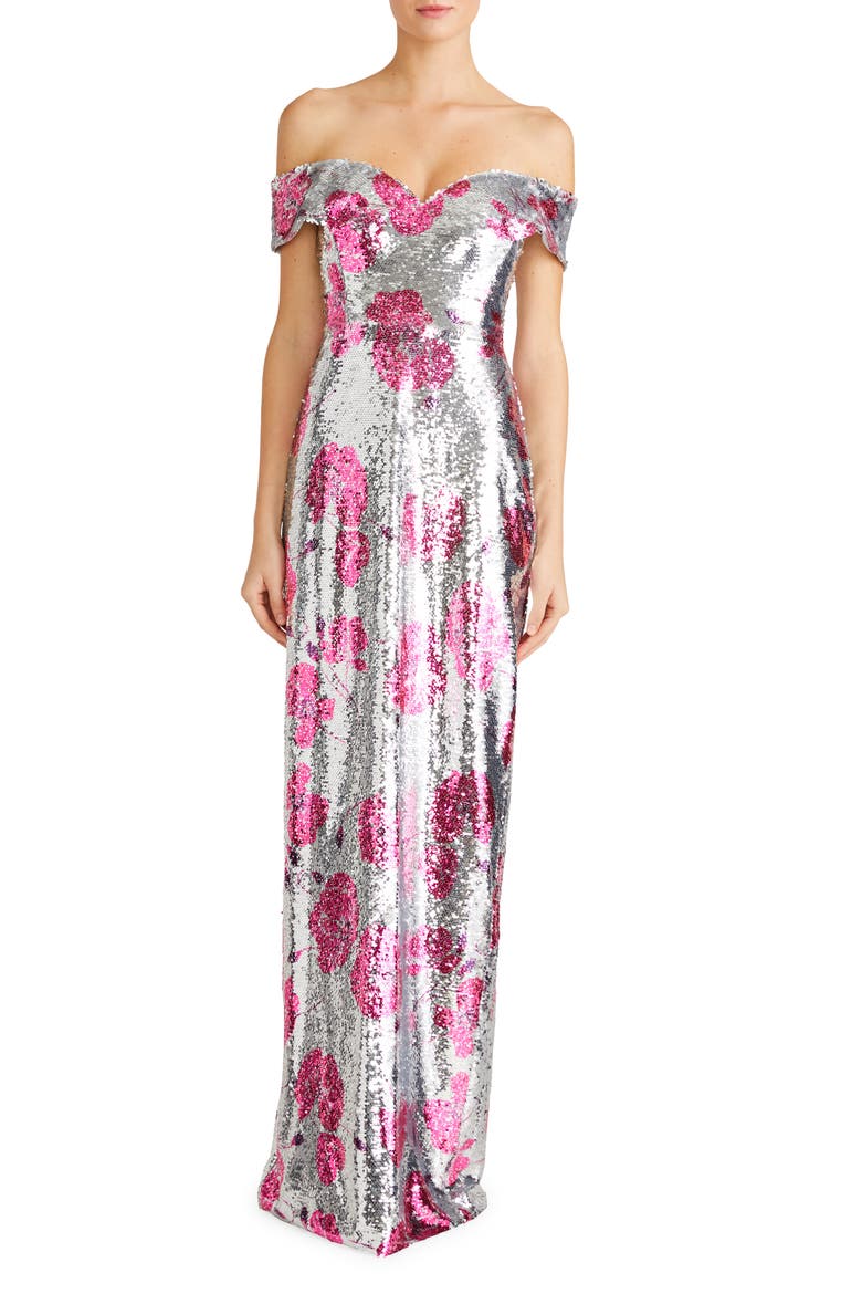 Estelle Sequin Off the Shoulder Gown, Main, color, SILVER DANCING POPPIES