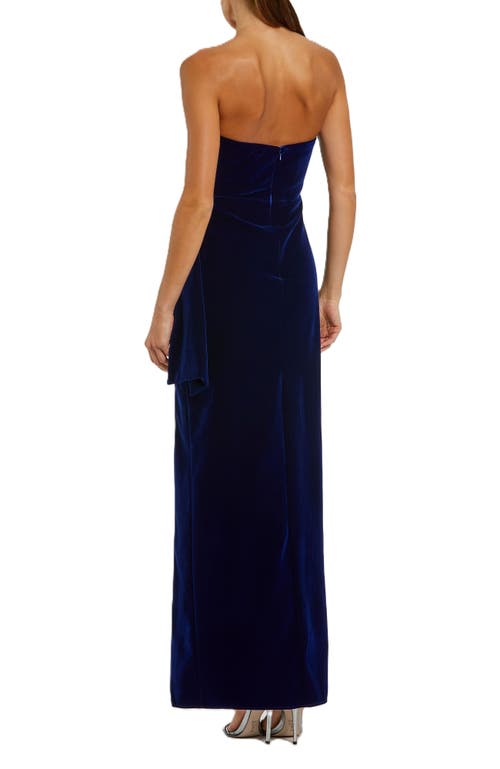 Mac Duggal Strapless High Slit Draped Velvet Gown In Cobalt