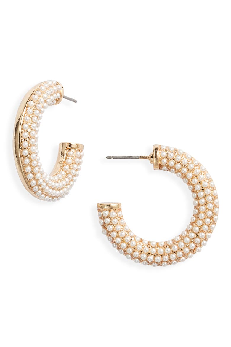 Faux Pearl Hoop Earrings, Main, color, GOLD