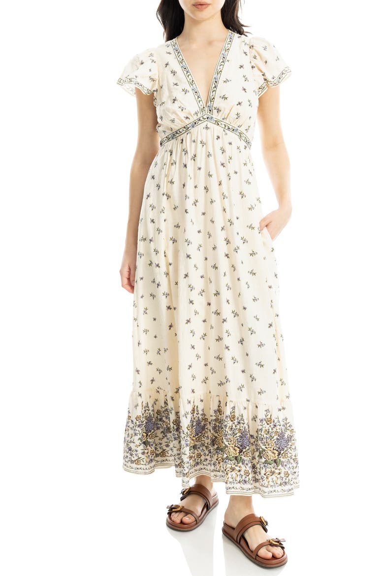 Floral Flutter Sleeve Maxi Dress, Alternate, color, CREAM/ BLUE BOUQUET