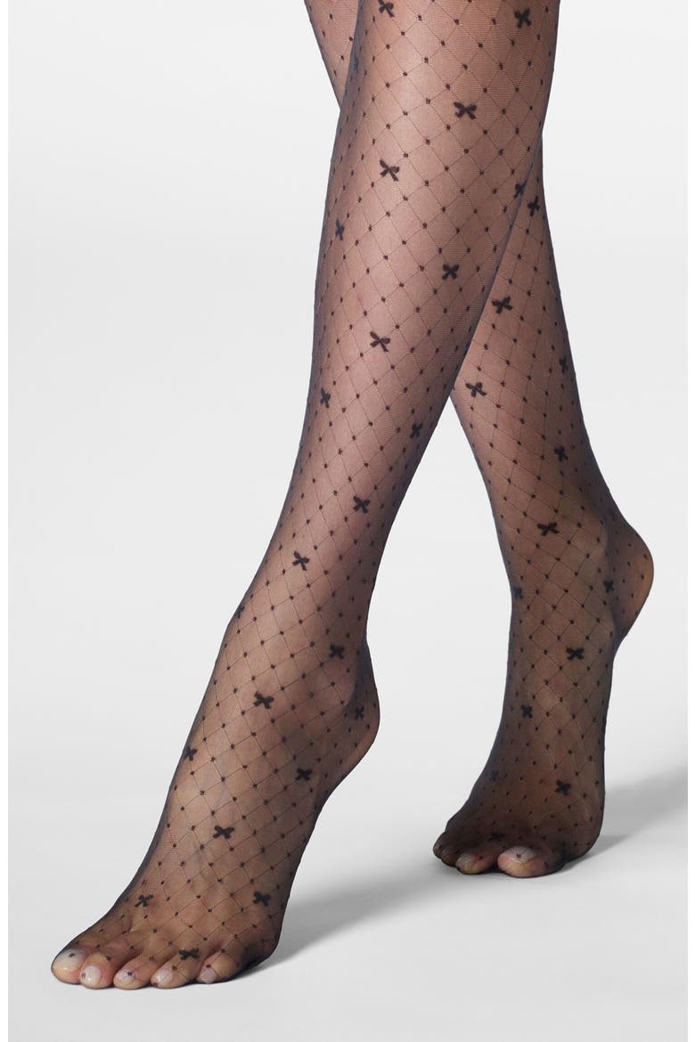 Graceful Bow Sheer Tights, Alternate, color, BLACK