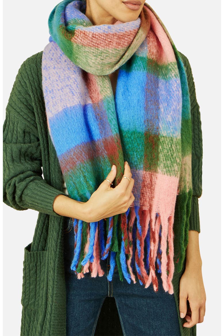 Oversize Fringe Checked Scarf, Alternate, color, Blue