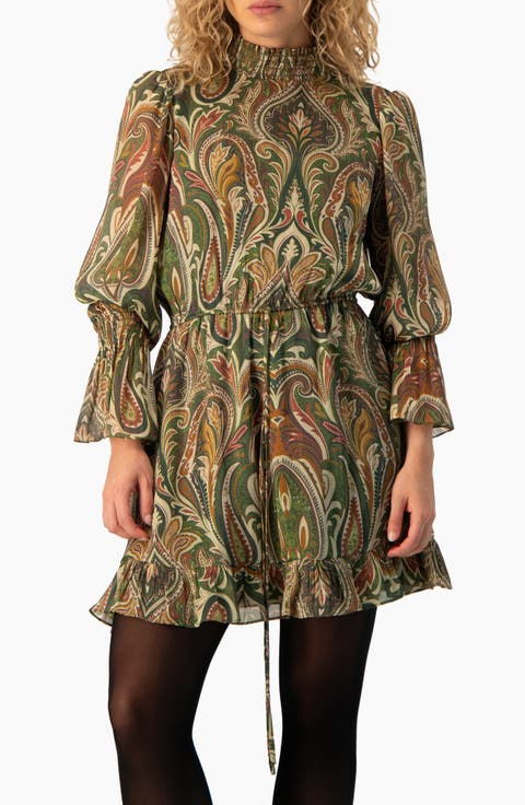 Paisley Print Smocked Mock-Neck Puff-Sleeve Mini Dress