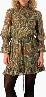 IVONNE Paisley Print Smocked Mock-Neck Puff-Sleeve Mini Dress