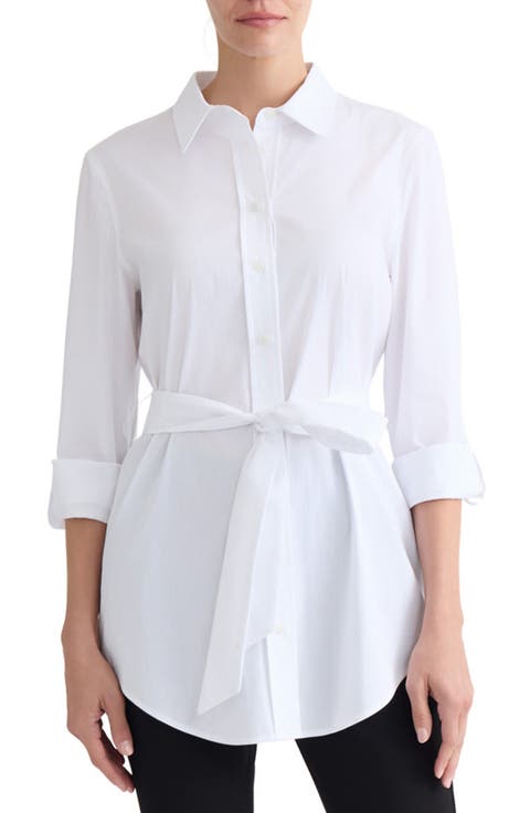 Belted Button Front Roll Sleeve Shirt