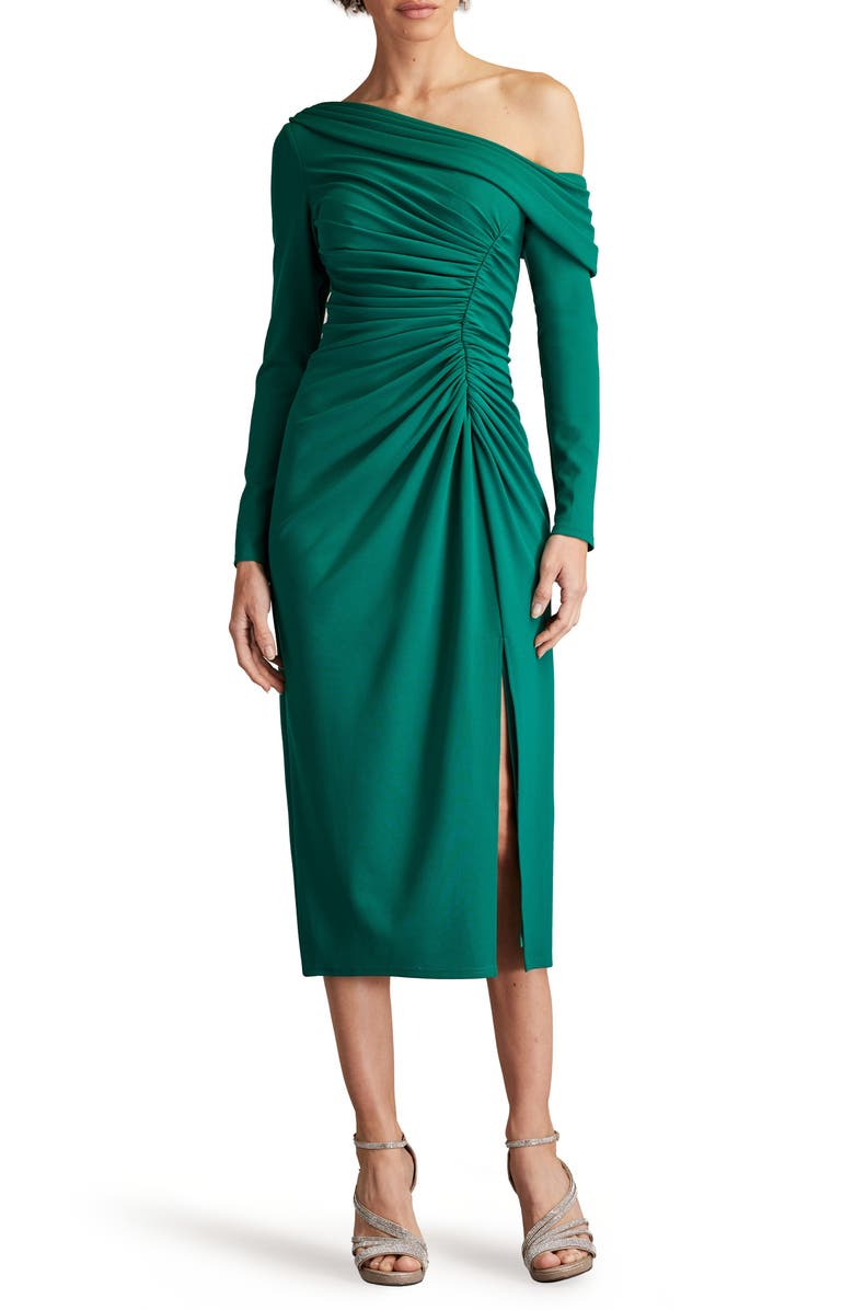 Tadashi Shoji One-Shoulder Long Sleeve Crepe Cocktail Midi Dress, Main, color,