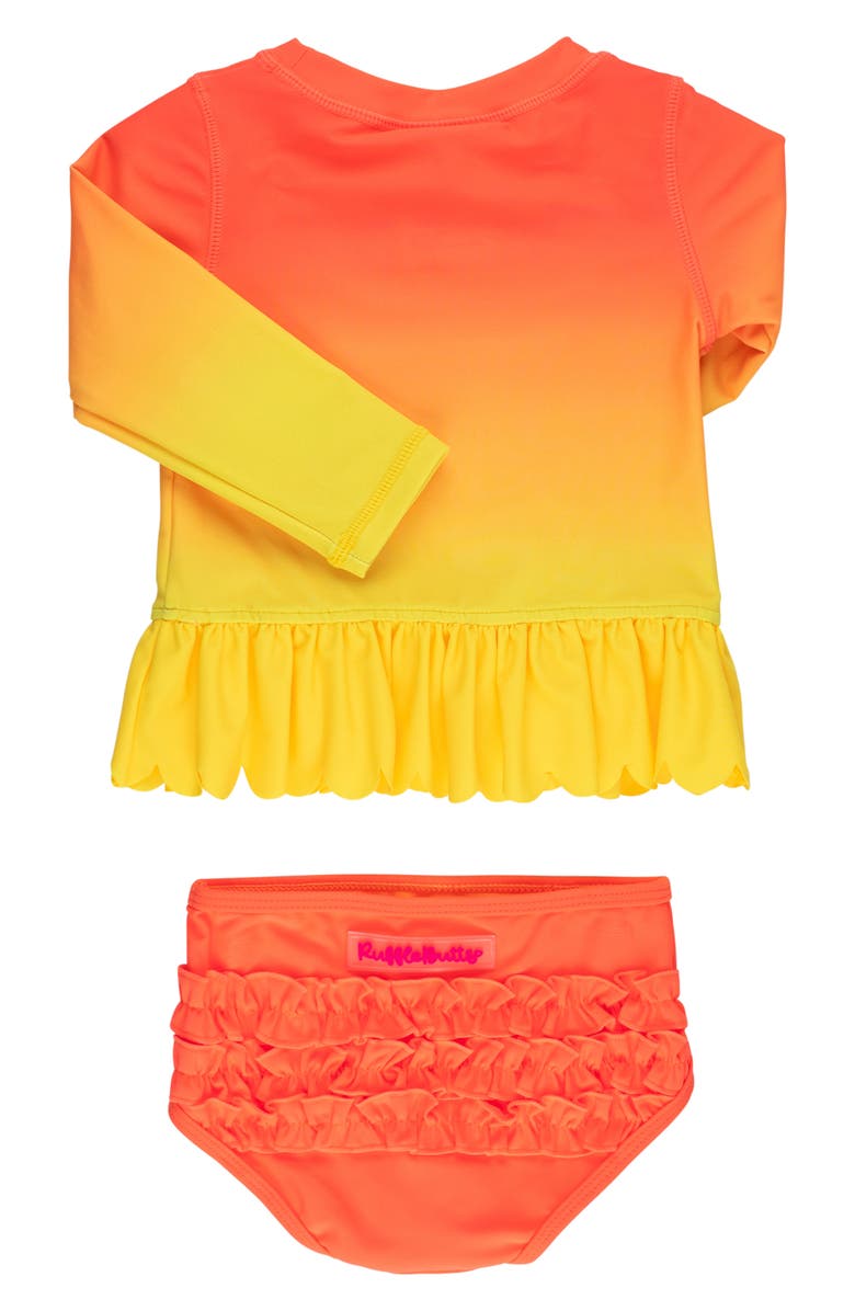 RuffleButts Kids' Neon Citrus Sunrise Long Sleeve Two-Piece Rashguard Swimsuit, Alternate, color, Orange