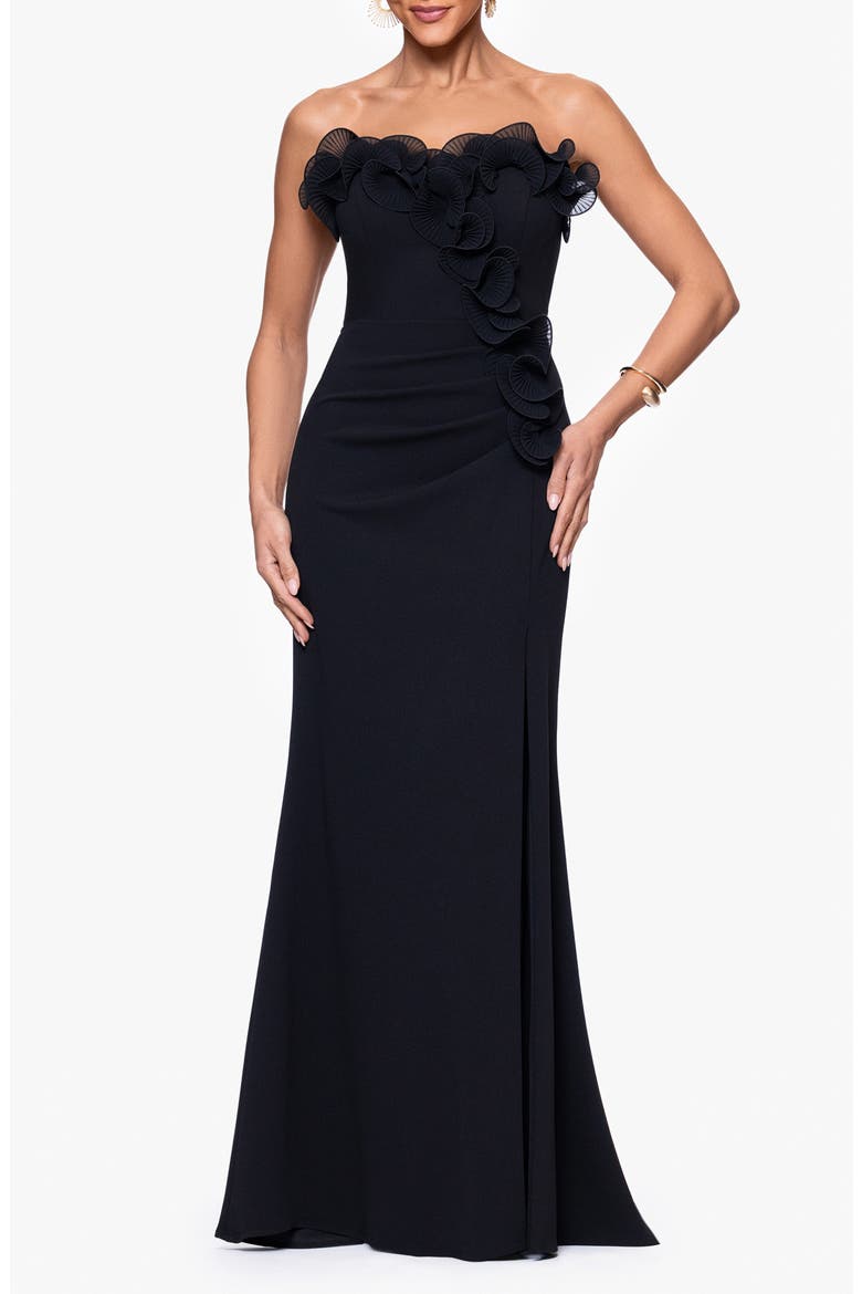 Ruffle Detail Strapless Scuba Crepe Sheath Gown, Main, color, BLACK