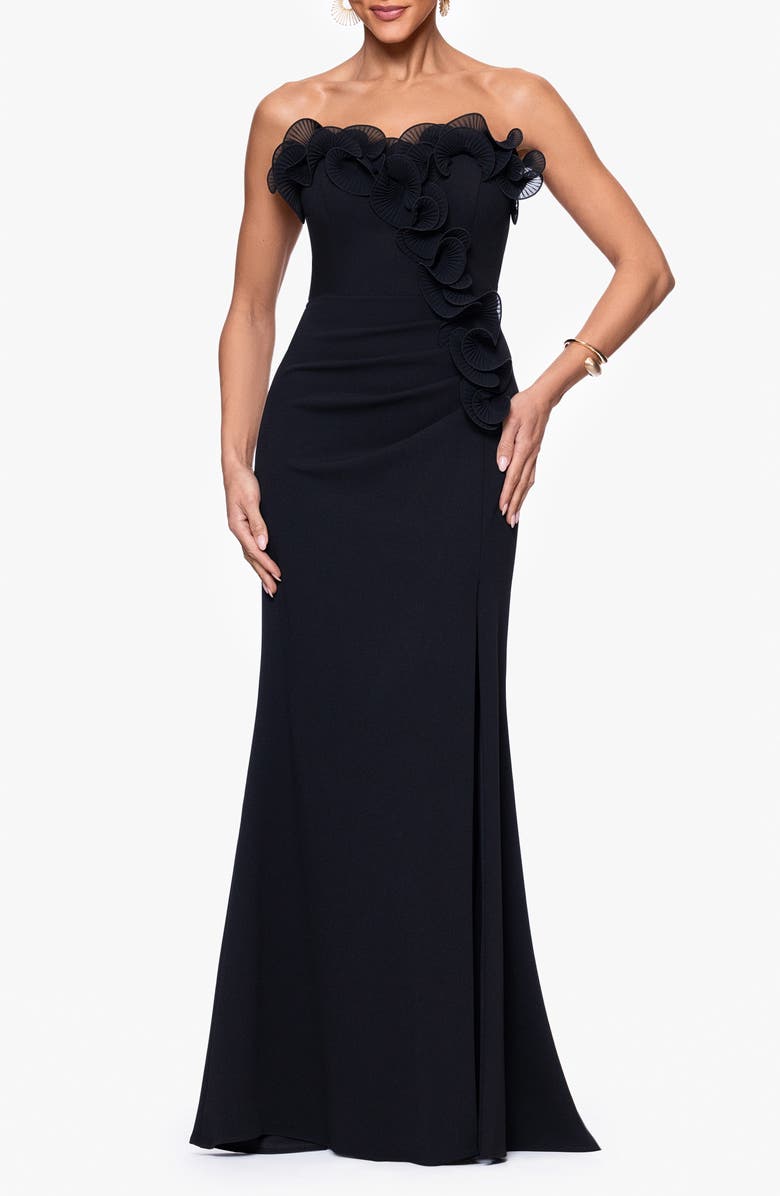 Xscape Evenings Ruffle Detail Strapless Scuba Crepe Sheath Gown, Main, color, Black