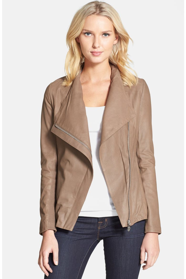 'Andreas' Draped Collar Leather Jacket, Main, color, SAND