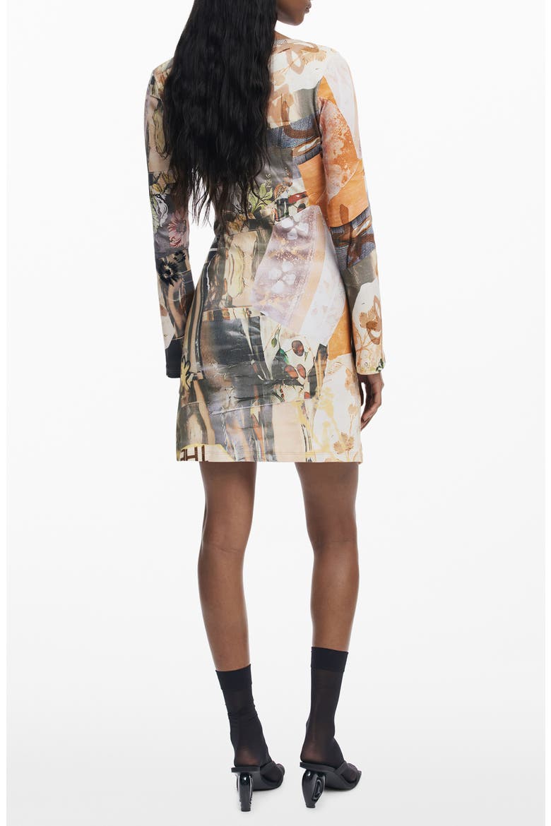 Printed Long Sleeve Stretch Cotton Rib Body-Con Minidress, Alternate, color, NEUTRAL GRAY