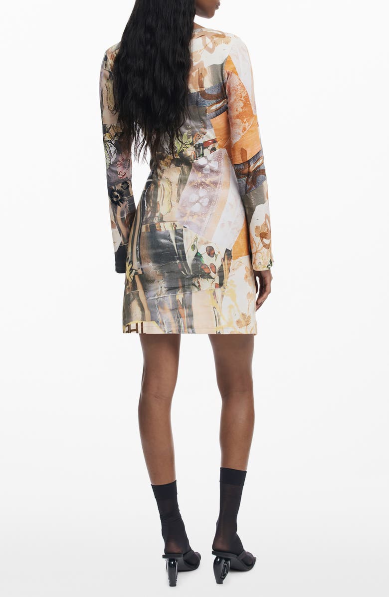 Desigual Printed Long Sleeve Stretch Cotton Rib Body-Con Minidress, Alternate, color, Neutral Gray