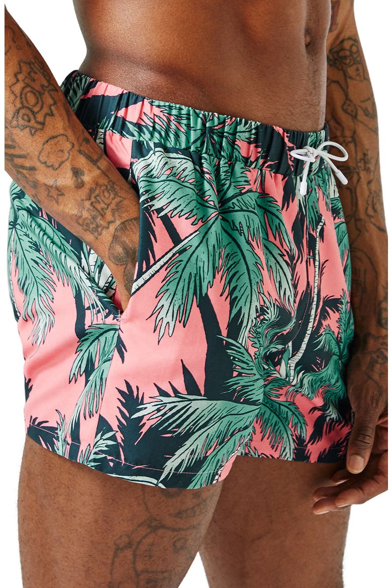 Palm Print Swim Trunks, Alternate, color, PINK MULTI
