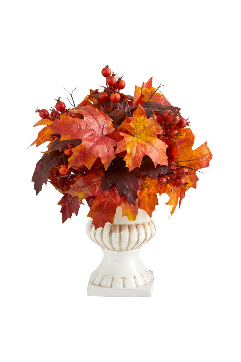 20-in Autumn Maple Leaf and Berries Artificial Plant in White Urn, Main, color, Orange