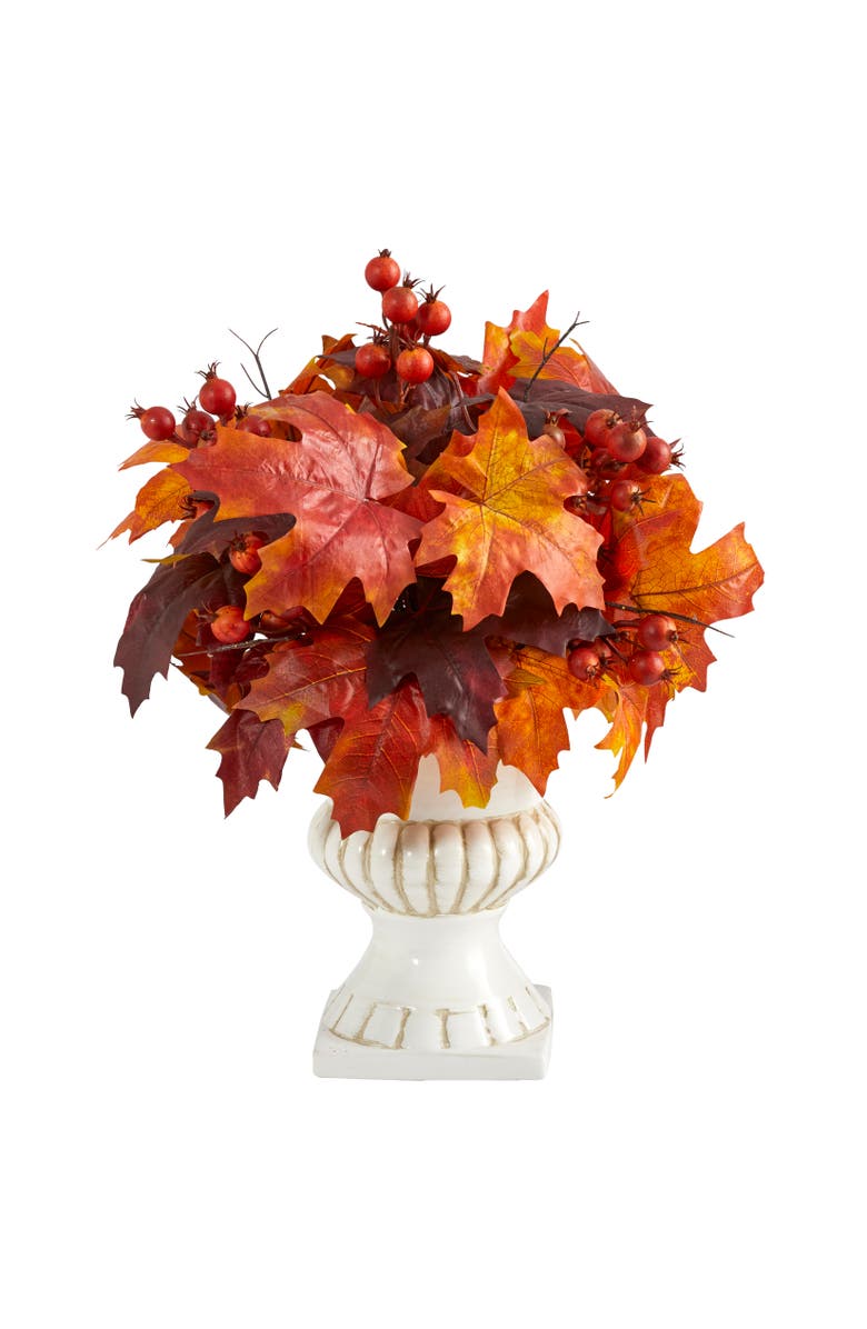 NEARLY NATURAL 20-in Autumn Maple Leaf and Berries Artificial Plant in White Urn, Main, color, Orange