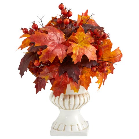 20-in Autumn Maple Leaf and Berries Artificial Plant in White Urn