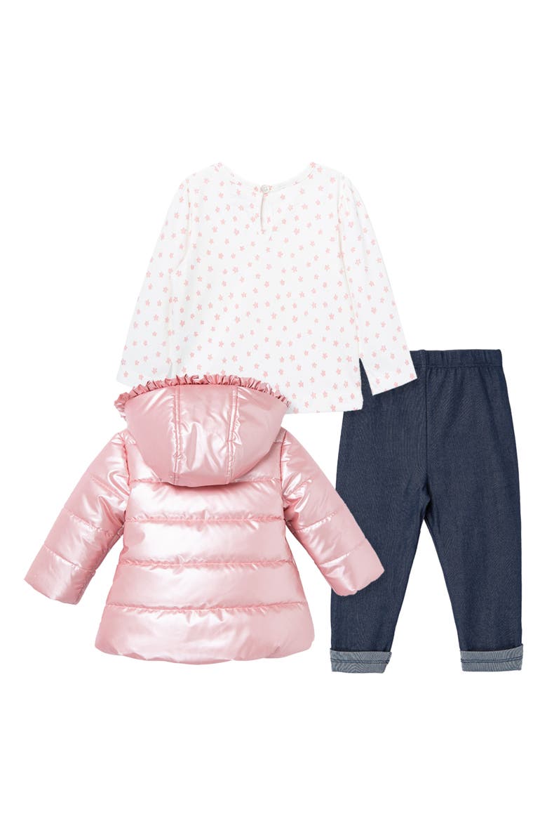 Little Me Satin Hooded Puffer Jacket, Long Sleeve T-Shirt & Leggings Set, Alternate, color, 