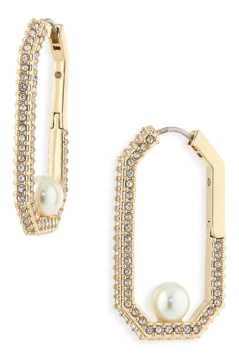 Pavé & Faux Pearl Hexagonal Hoop Earrings, Main, color, PEARL/ GOLD