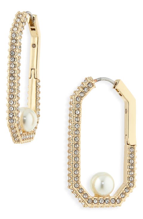 Pavé & Faux Pearl Hexagonal Hoop Earrings