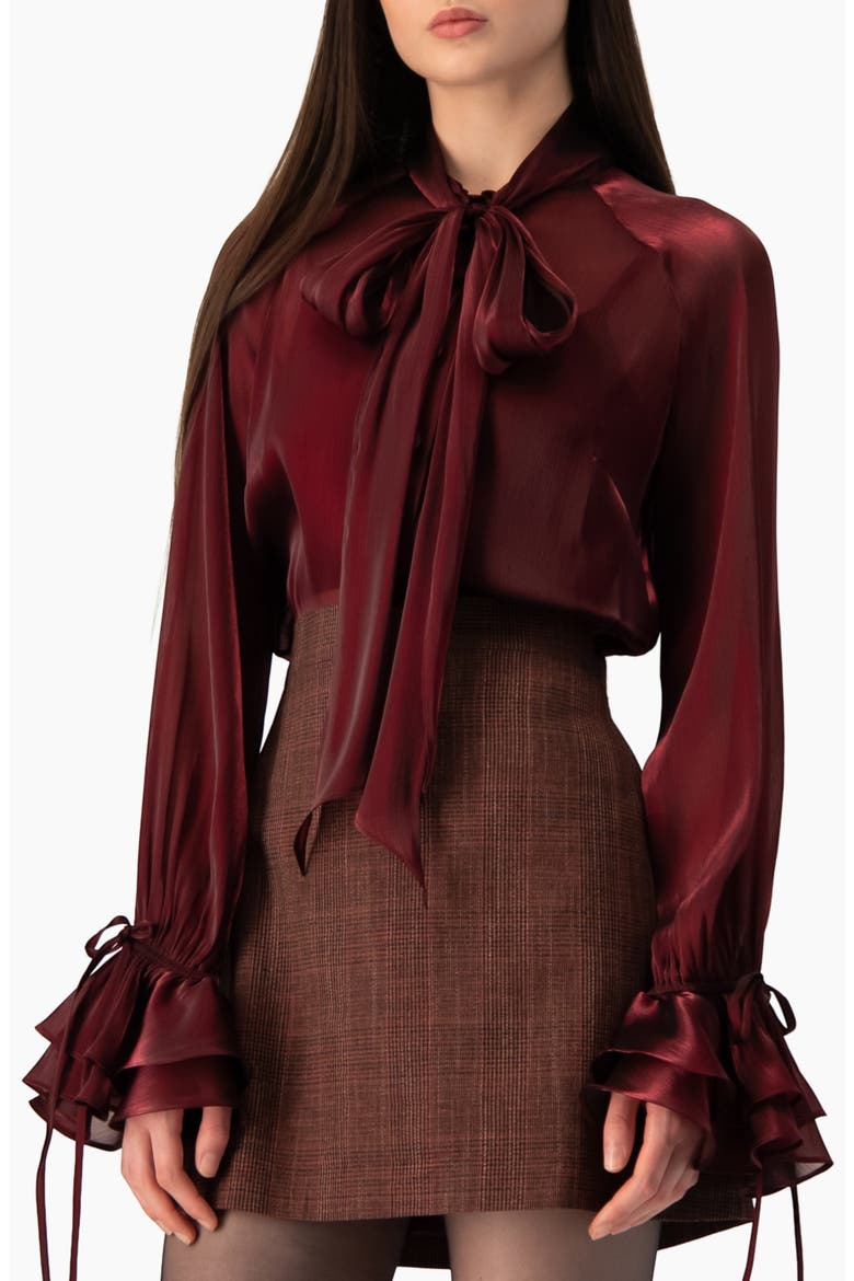 Sophisticated High-neck Blouse With Tie, Main, color, Wine