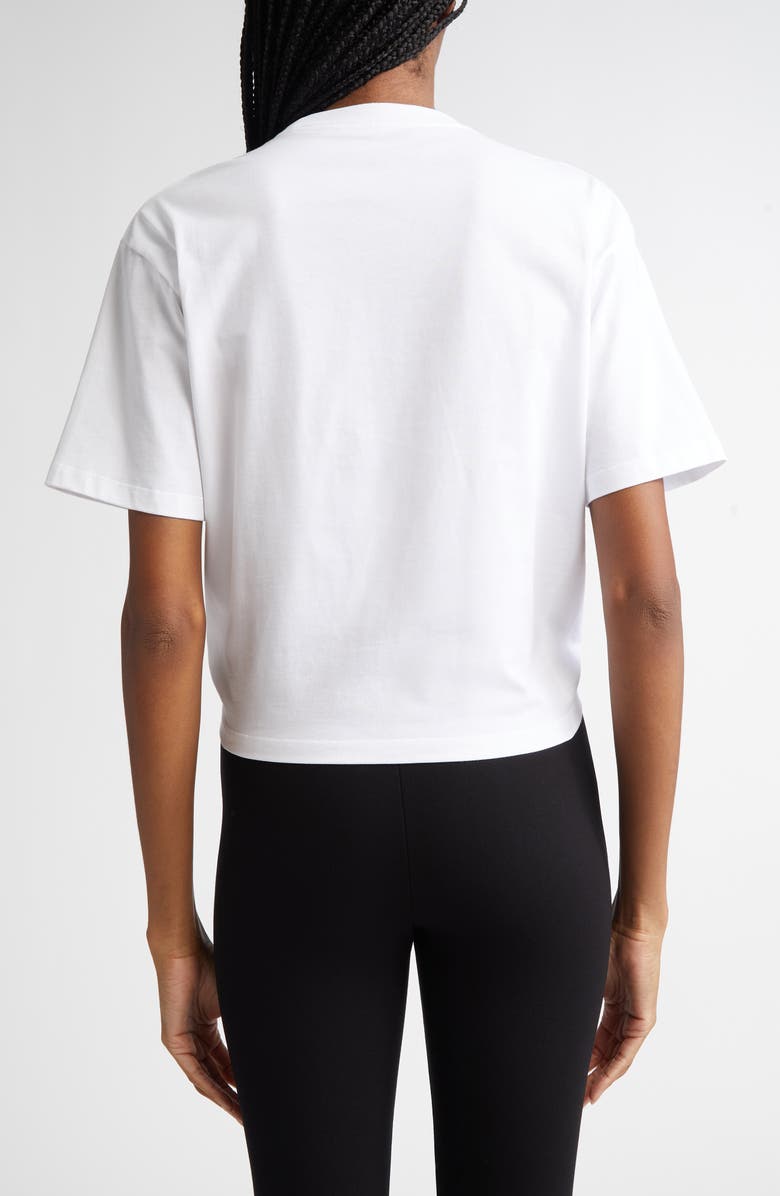 Versace Embroidered Logo Safety Pin Crop Cotton T-Shirt, Alternate, color, Optical White