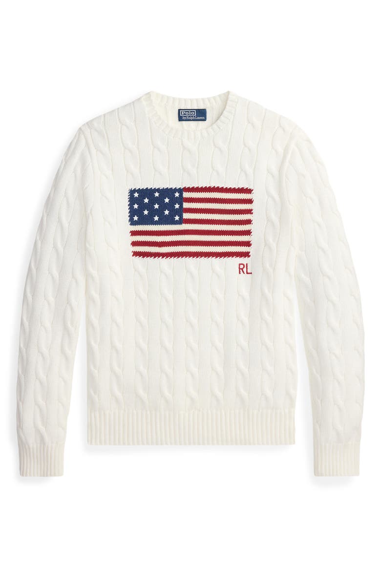 Polo Ralph Lauren Flag Intarsia Cabled Cotton Crewneck Sweater, Alternate, color, Ceramic White