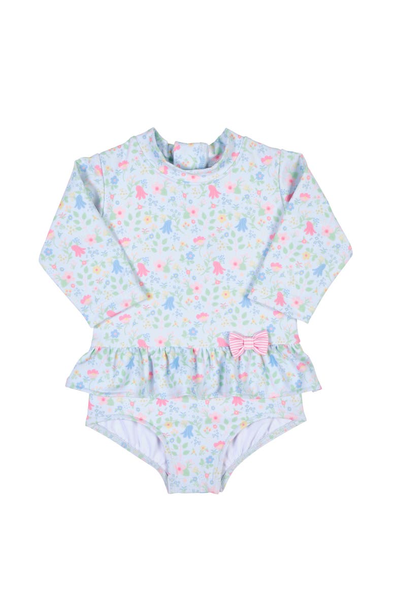 Floral Print One Piece Rashguard with Bow, Main, color, Blue/Multi