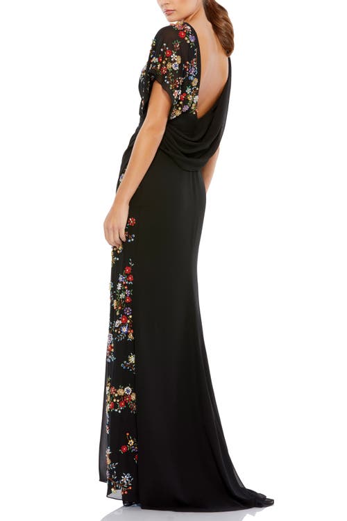 Mac Duggal Floral Beaded Flutter Sleeves Chiffon V Neck Faux Wrap Dress In Black Multi