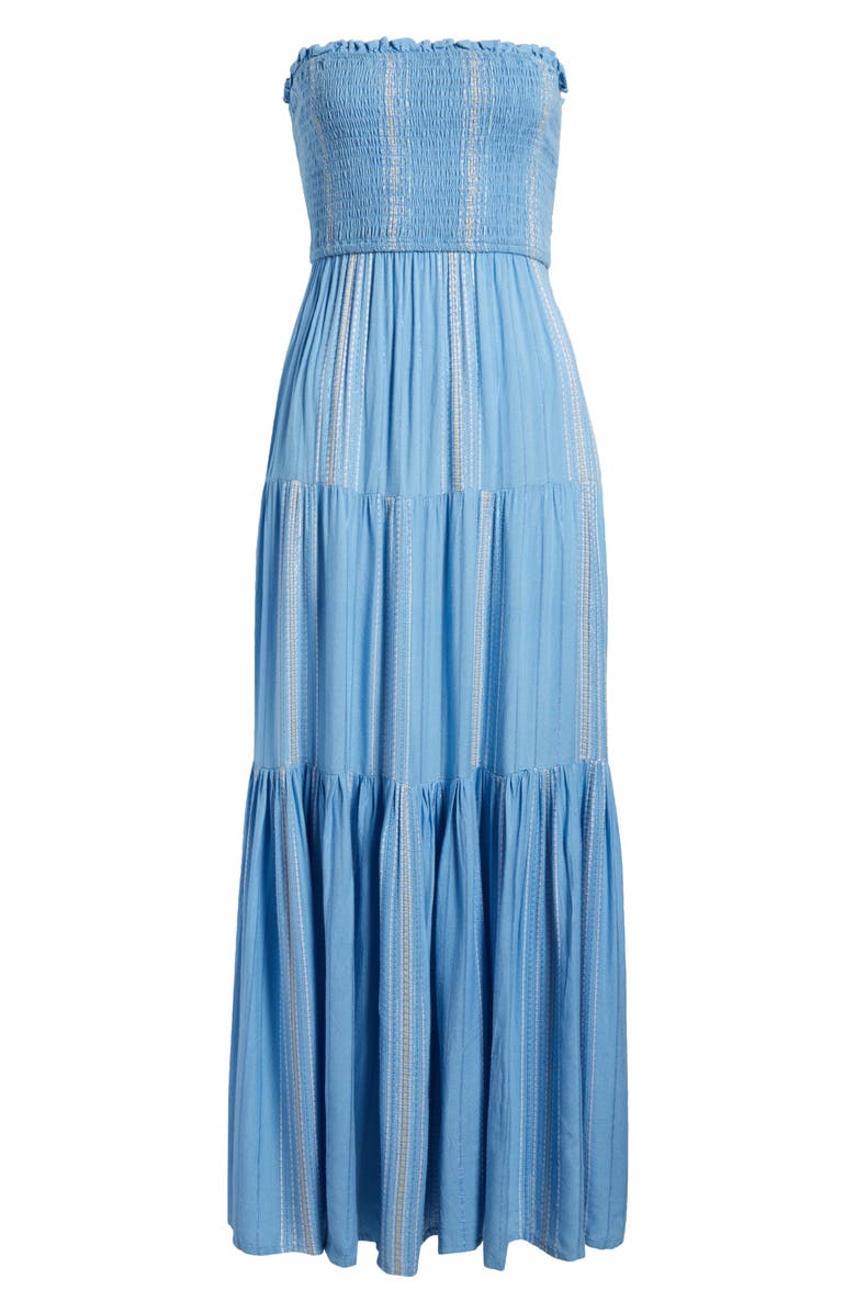 Elan Embroidered Stripe Strapless Tiered Dress, Alternate, color, Blue/ Lilac Stripe