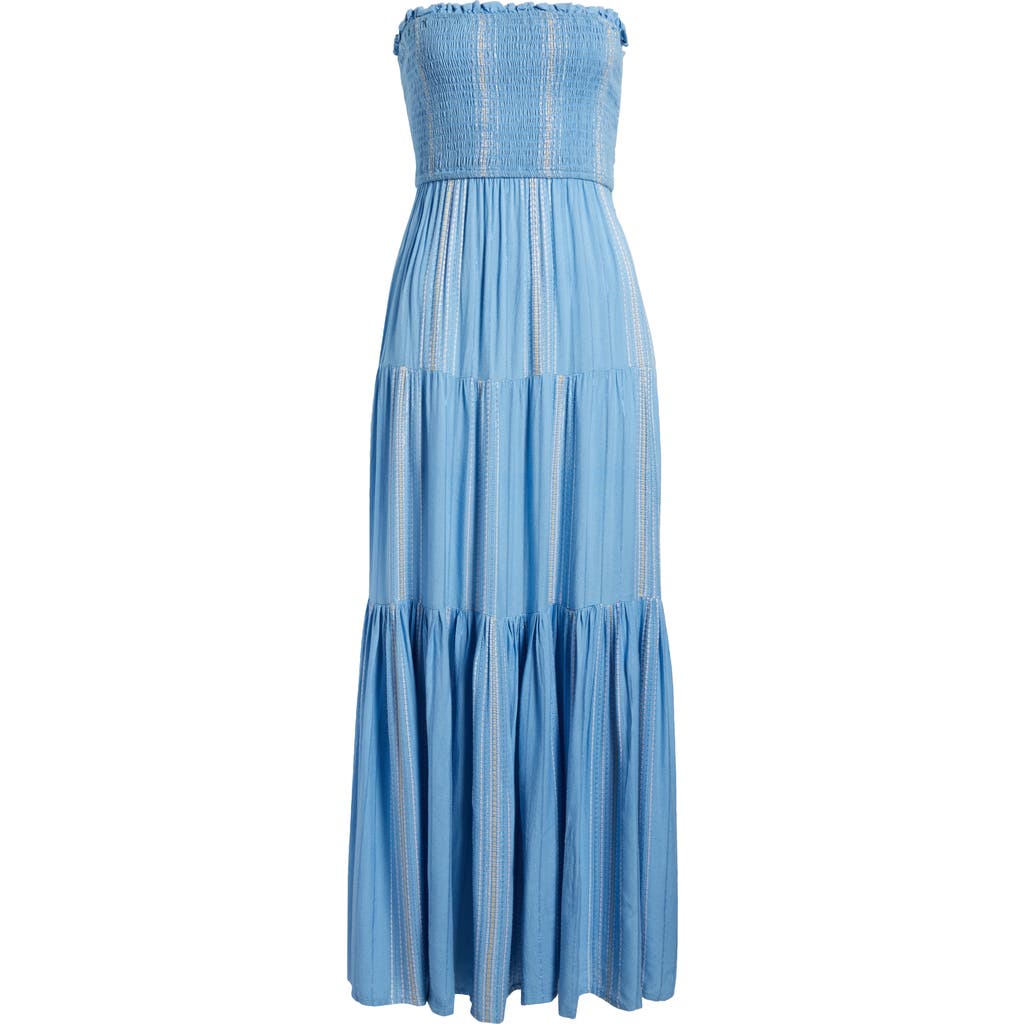 Elan Embroidered Stripe Strapless Tiered Dress In Blue/lilac Stripe