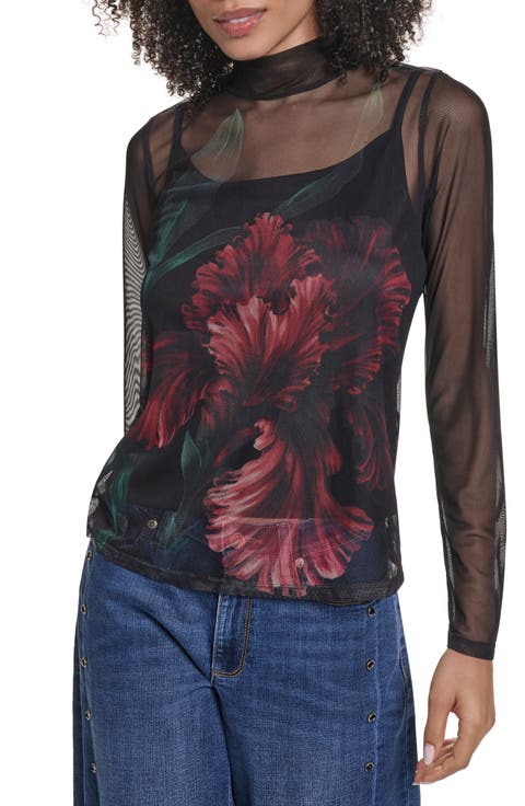 Floral Mesh Mock Neck Top