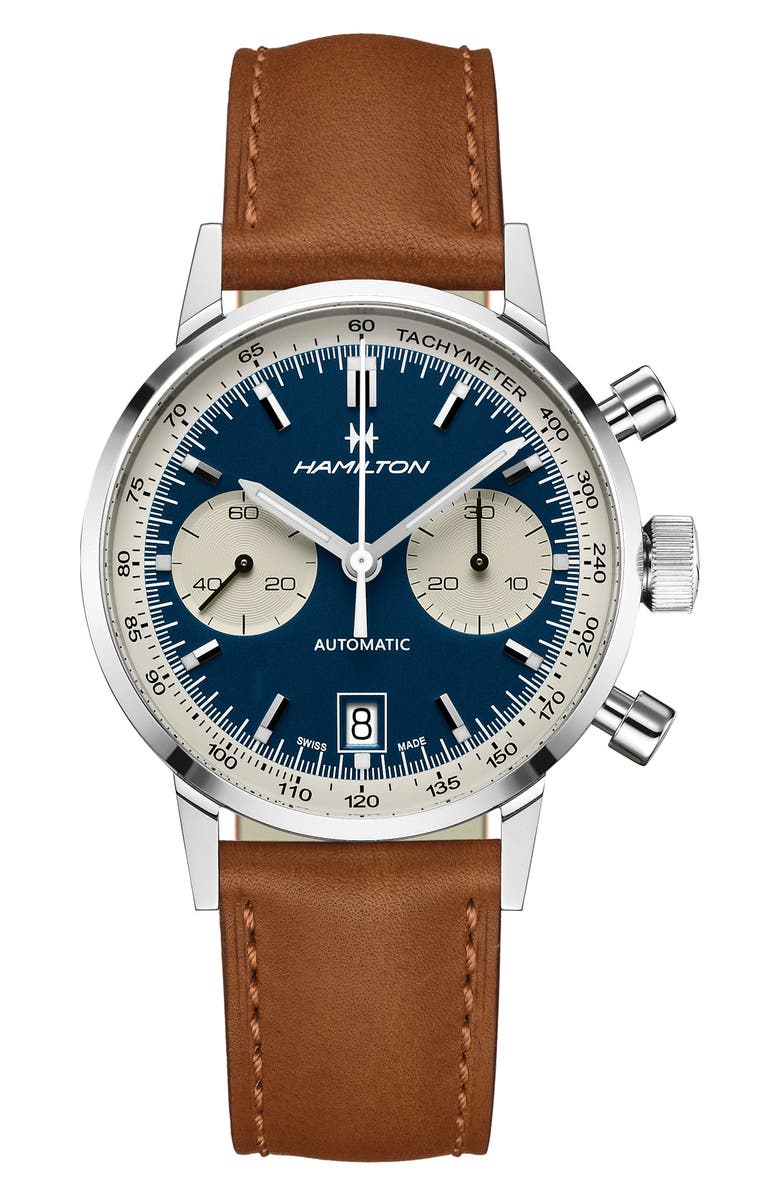 Hamilton American Classic Automatic Chronograph Leather Strap Watch, 40mm, Main, color, Brown/ Blue/ Silver