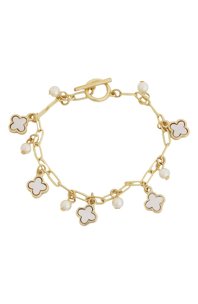Panacea Faux Pearl Charm & Clover Toggle Bracelet, Main, color, White