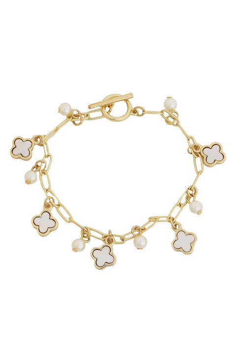 Faux Pearl Charm & Clover Toggle Bracelet