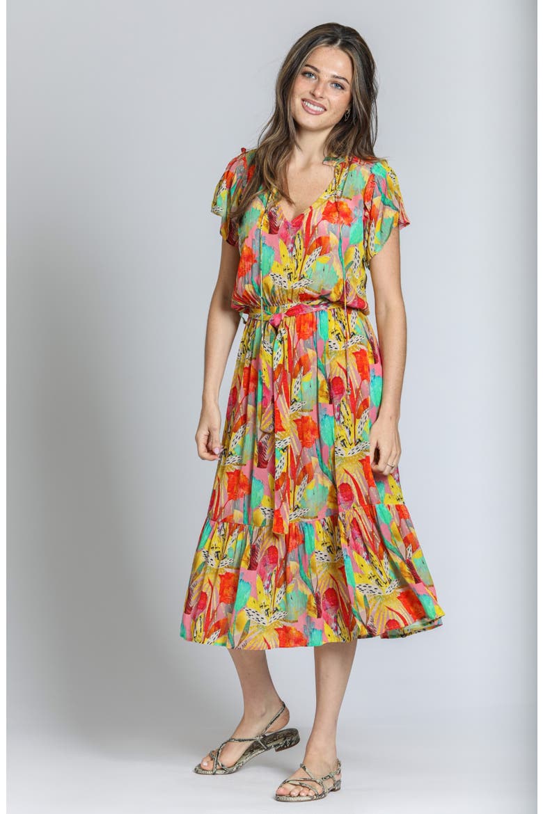 Print Short Sleeve Midi Dress, Alternate, color, YELLOW/ ORANGE MULTI