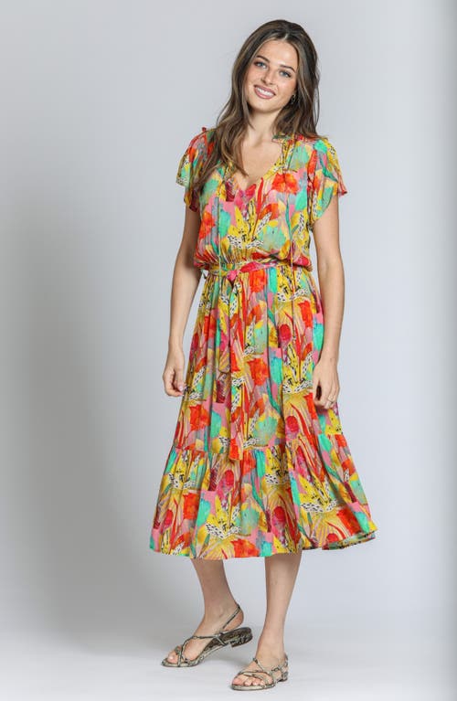 Apny Print Short Sleeve Midi Dress In Yellow/orange Multi