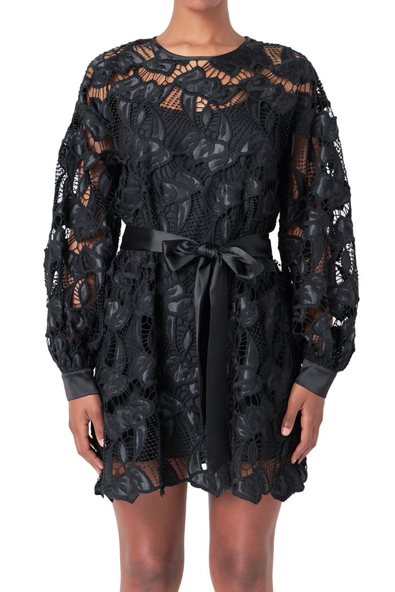 Long Sleeve Lace Minidress, Alternate, color, BLACK