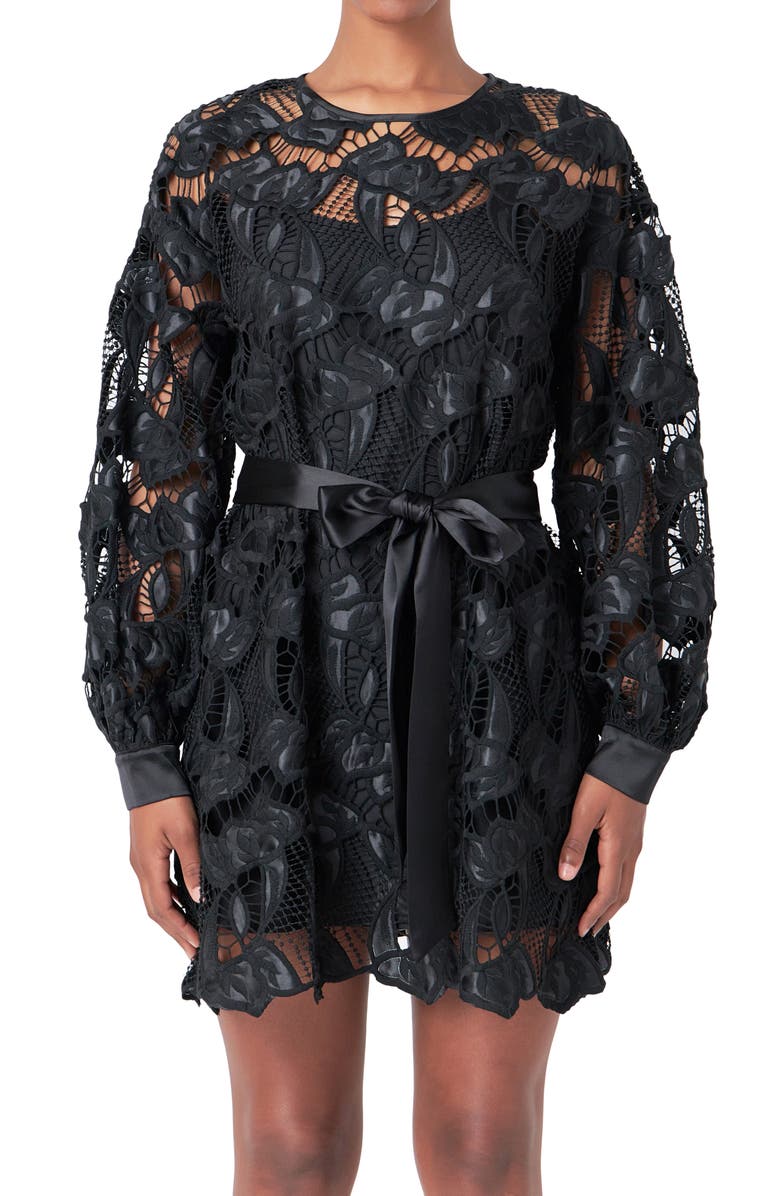 Endless Rose Long Sleeve Lace Minidress, Alternate, color, Black