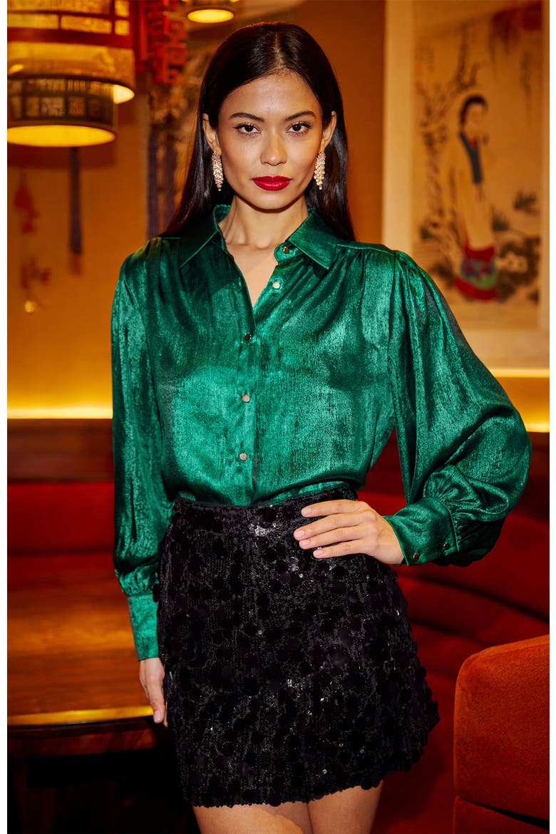 Metallic Relaxed Balloon Sleeve Shirt, Alternate, color, Green