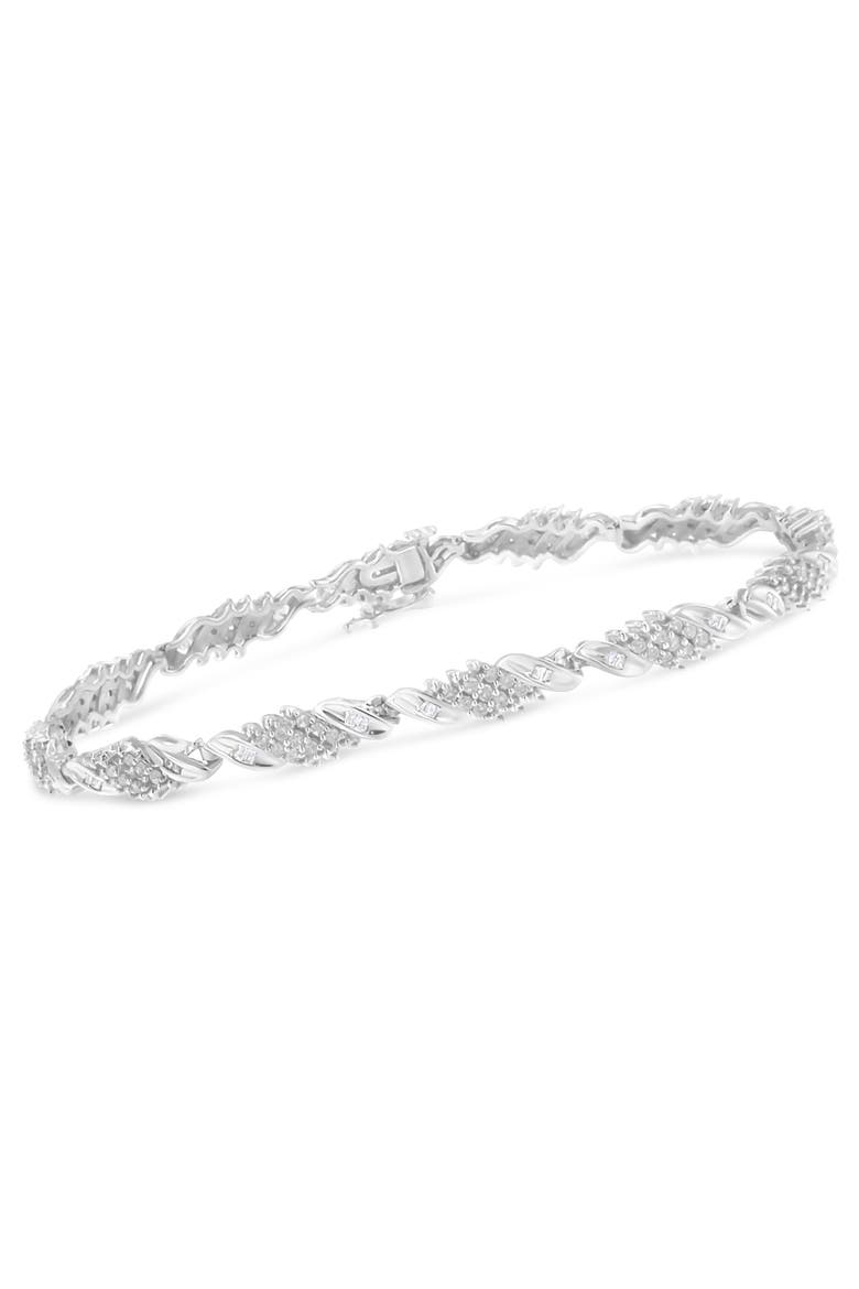 Silver 1-1/2 Cttw Round and Baguette Cut Diamond Wave Link Bracelet, Alternate, color, White