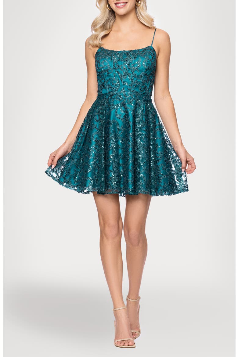 Glitter Lace-Up Fit & Flare Dress, Main, color, TEAL