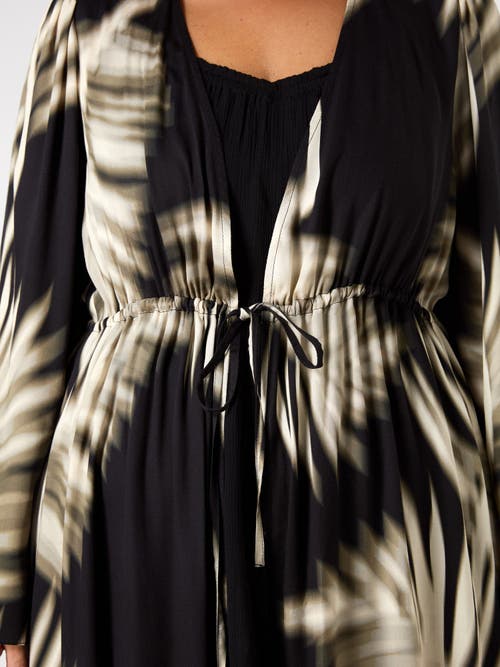 Live Unlimited Leaf Print Longline Drawstring Kimono In Black