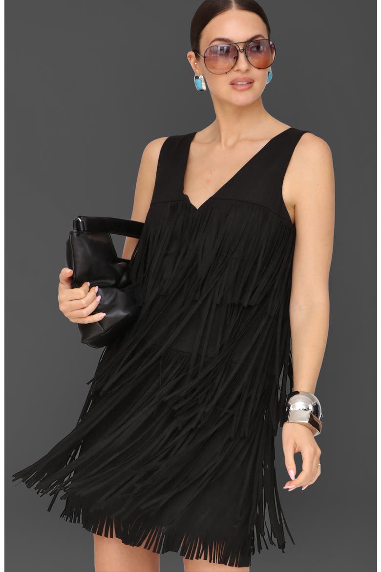 Faux Suede Fringe Minidress, Alternate, color, BLACK