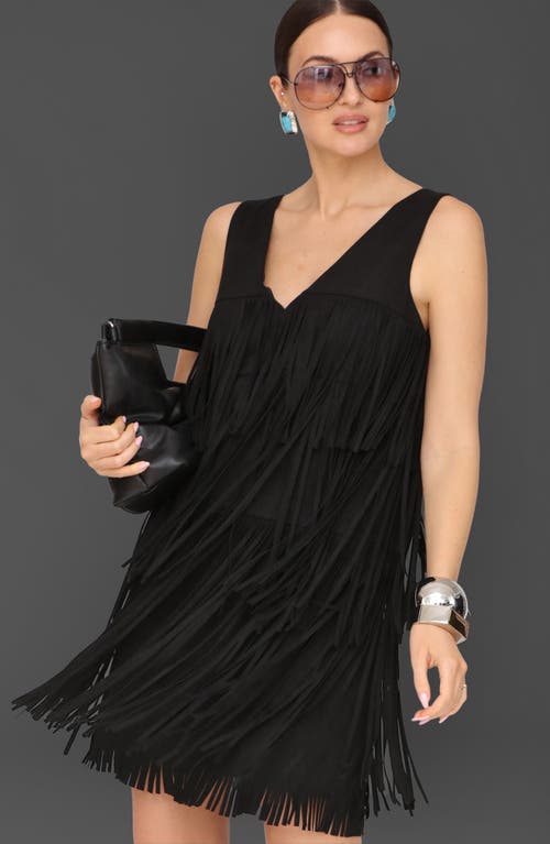 Avec Les Filles Faux Suede Fringe Minidress In Black
