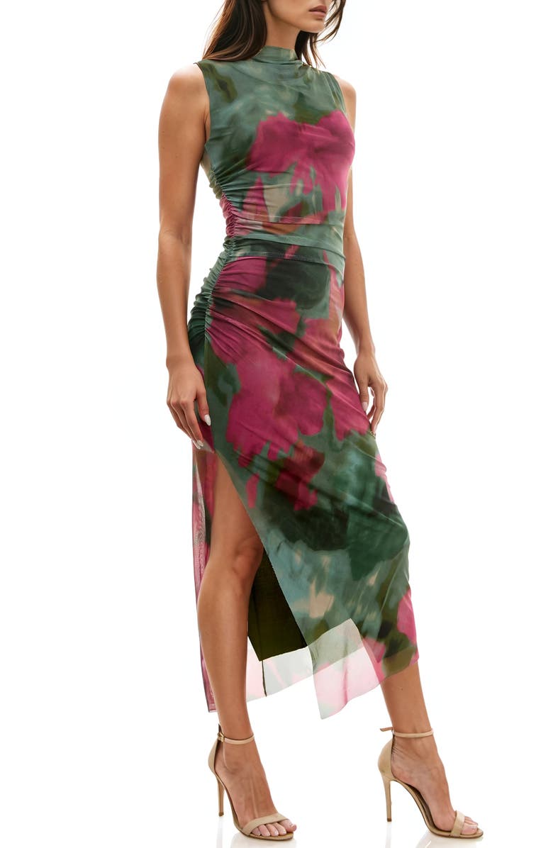 Socialite Floral Shirred Mesh Dress, Alternate, color, Olive/ Magenta