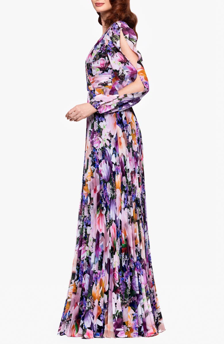 Betsy & Adam Metallic Floral Pleated Long Sleeve Gown, Alternate, color, 
