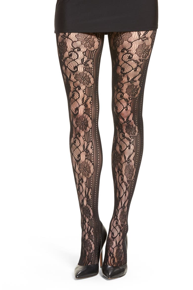 'Runway' Floral Net Tights, Alternate, color, BLACK