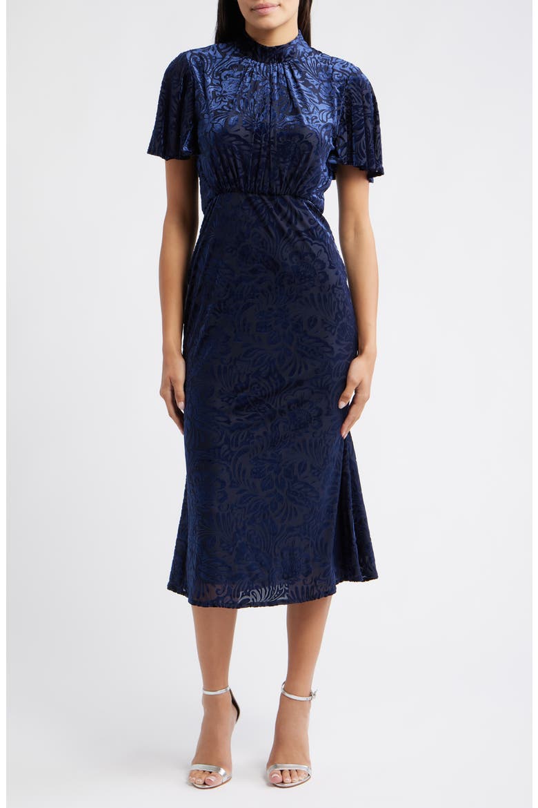 Velvet Burnout Short Sleeve Midi Dress, Main, color, NAVY